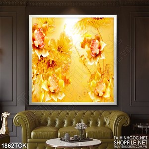 Tranh bông hoa sen sơn dầu trong hồ giả ngọc in canvas