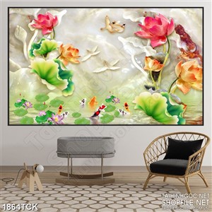 Tranh psd sơn dầu hoa sen bên đàn cá chép giả ngọc