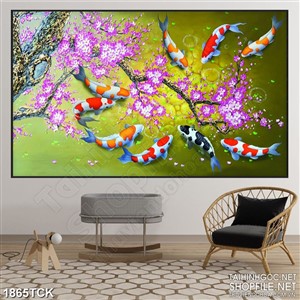 Tranh in treo tường những cánh đào rơi trên mặt hồ