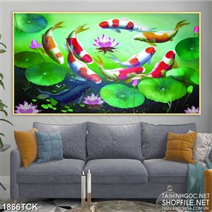 Tranh decor sơn dầu cá koi trong đầm hoa sen hồng