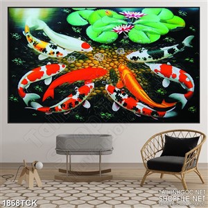 Tranh sơn dầu cá koi trong hồ sen về đêm in dán tường
