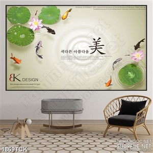 Tranh in uv những bông sen trong hồ cá chép sơn dầu