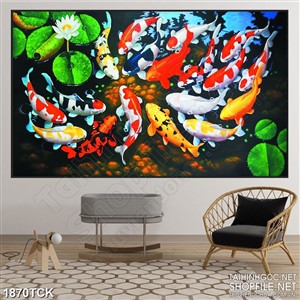 Tranh sơn dầu cá koi trong hồ hoa sen về đêm in canvas