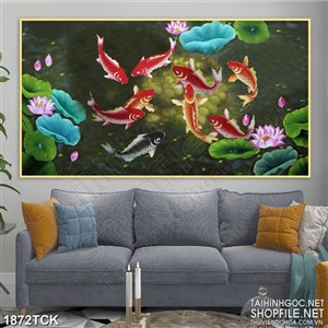 Tranh psd sơn dầu cá chép vàng trong hồ sen về đêm Tranh psd sơn dầu cá chép vàng trong hồ sen về đêm