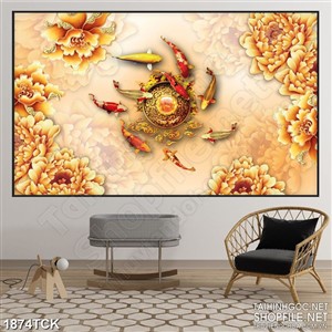 Tranh decor sơn dầu cá chép dưới những đóa hoa mẫu đơn