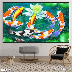 Tranh sơn dầu cá koi bên bông hoa súng trắng dán tường