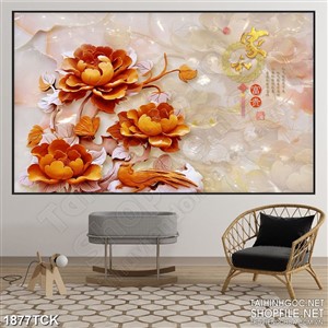 Tranh chú chim ri bên đóa hoa mẫu đơn khắc gỗ in uv