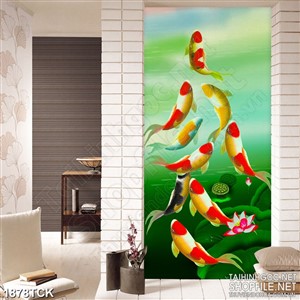 Tranh in canvas đàn cá koi trong dòng nước xanh biếc