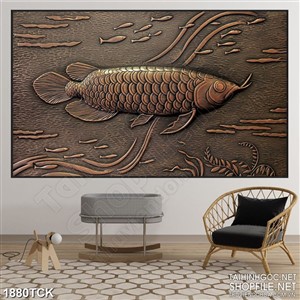 Tranh psd sơn dầu cá chép trong dòng nước khắc gỗ