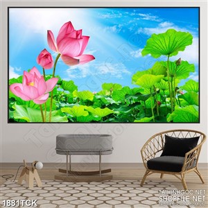 Tranh sơn dầu hoa sen hồng bên lá xanh in treo tường