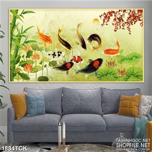Tranh sơn dầu cá chép bơi lội trên mặt hồ sen dán tường