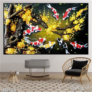 Tranh cây mai vàng và đàn cá koi trong đêm in canvas