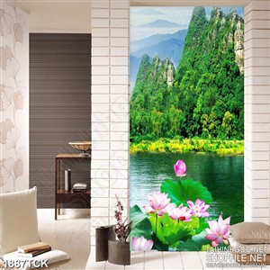 Tranh in 3d những ngọn núi bên hồ hoa sen sơn dầu