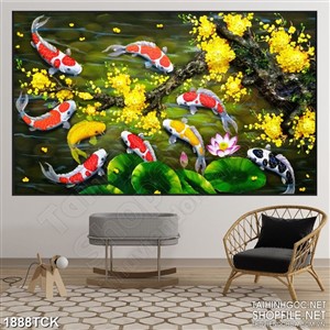 Tranh psd cá koi sơn dầu dưới cành mai vàng trong đêm