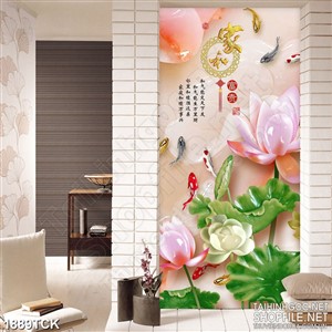 Tranh sơn dầu cá chép bên đóa sen giả ngọc in treo tường