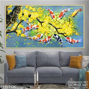 Tranh decor những cánh hoa mai vàng bên đàn cá koi