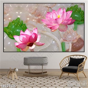 Tranh bông sen hồng trên nền hồ giả ngọc in dán tường Tranh bông sen hồng trên nền hồ giả ngọc in dán tường