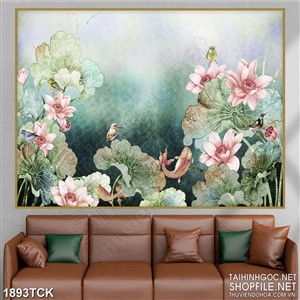 Tranh in uv đàn cá chép vàng sơn dầu bên hồ sen đầy hoa