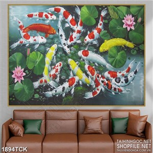 Tranh sơn dầu cá koi trong hồ sen xanh biếc lá in canvas