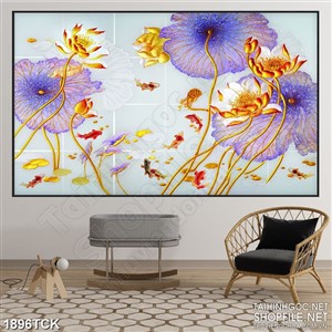 Tranh psd những bông hoa sen sơn dầu bên lá tím