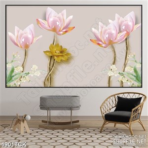 Tranh in uv sơn dầu bông hoa sen trên nền giả ngọc