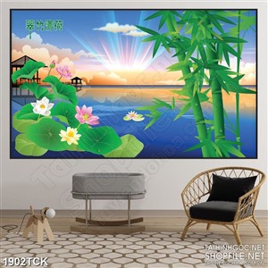 Tranh sơn dầu bông hoa sen trên hồ về đêm in canvas