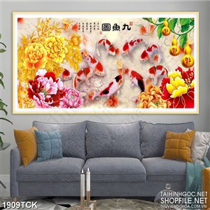 Tranh sơn dầu cá koi bên đóa mẫu đơn dáp vàng in uv