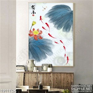 Tranh sơn dầu cá chép vàng trong đầm sen về đêm in 3d