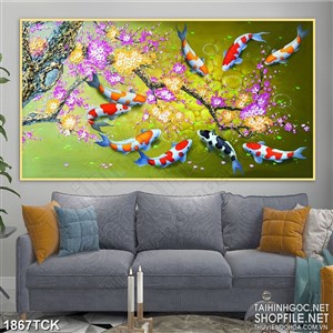 Tranh trang trí những cánh đào rơi trên hồ cá koi sơn dầu