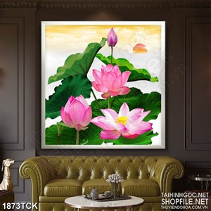 Tranh những bông sen hồng bên lá xanh in treo tường
