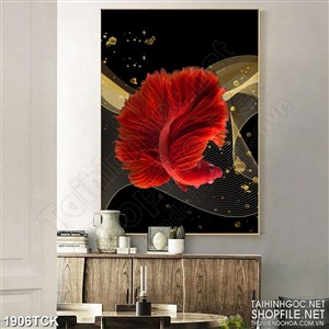 Tranh decor sơn dầu cá sim betta đỏ trong làn nước về đêm