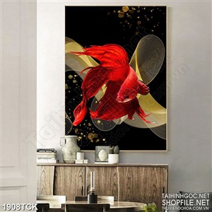 Tranh chú cá sim betta đỏ trong làn nước vàng in dán tường