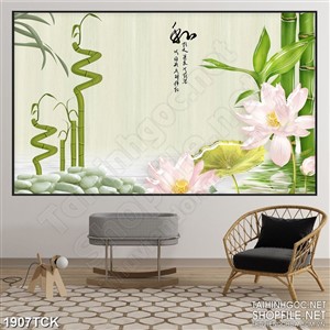 Tranh trang trí bông sen trắng trên mặt hồ trong xanh