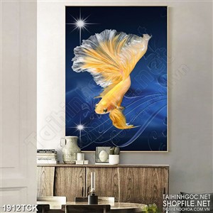 Tranh cá sim betta vàng sơn dầu trong hồ nước về đêm psd