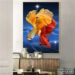 Tranh decor sơn dầu cá sim betta vàng trên nền xanh về đêm
