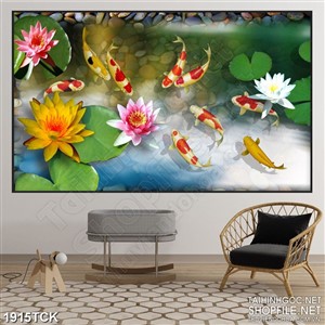 Tranh những bông hoa súng bên đàn cá koi trang trí