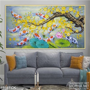 Tranh in dán tường đàn cá koi sơn dầu bên cành mai vàng