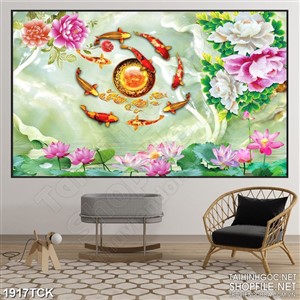 Tranh trang trí cá chép vàng trong hồ hoa sen sơn dầu