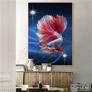 Tranh sơn dầu cá sim betta đỏ trong màn đêm in canvas