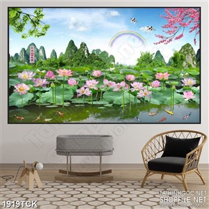 Tranh in 3d những bông sen hồng nở rộ trên mặt hồ