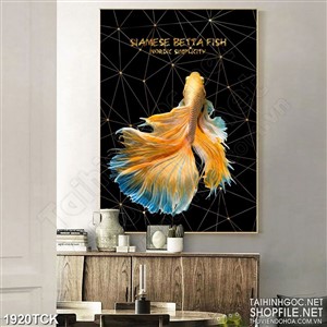 Tranh sơn dầu cá sim betta vàng khoe chiếc đuôi xinh đẹp