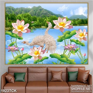 Tranh đôi hạc trắng bên những bông sen hồng trang trí