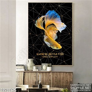 Tranh sơn dầu cá sim betta vàng vẩy đuôi xinh đẹp in dán tường Tranh sơn dầu cá sim betta vàng vẩy đuôi xinh đẹp in dán tường