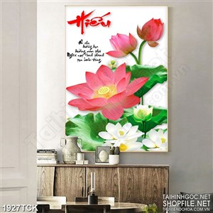 Tranh in 3d những bông sen trong hồ bên chữ hiếu