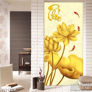 Tranh sơn dầu sen vàng và cá chép bên chữ phúc trang trí