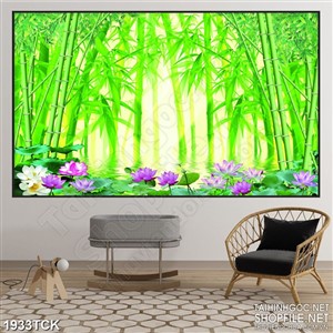 Tranh sơn dầu hoa sen tím trong rừng trúc xanh in uv