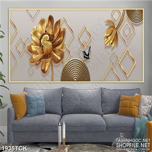 Tranh sơn dầu hoa sen vàng bên chú chim đen nhỏ in 3d