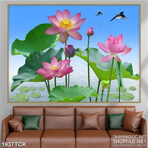 Tranh những bông sen trên mặt hồ nước in treo tường