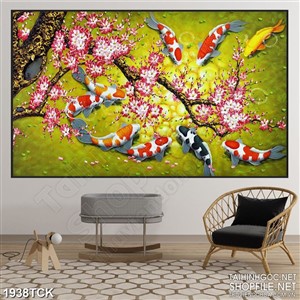 Tranh decor hồ cá koi sơn dầu dưới cành hoa đào nở rộ