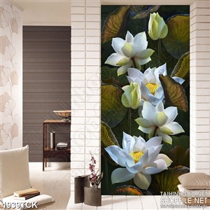 Tranh sơn dầu hoa sen trắng bên những chiếc lá úa trang trí